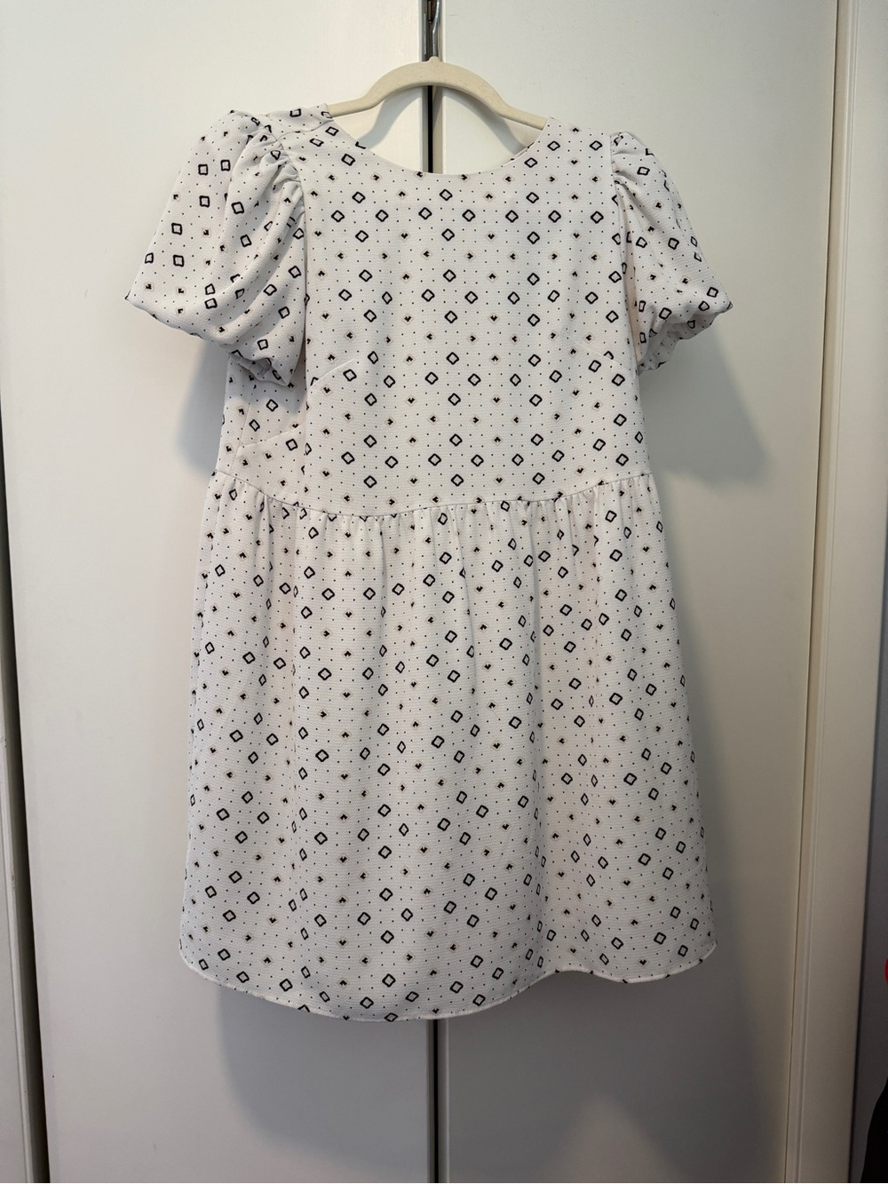 LOFT White Mini Dress with Black Geometric Print and Puff Sleeves